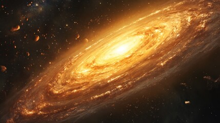 Fototapeta premium Spiral galaxy with bright core, cosmic debris, and nebulous structures.