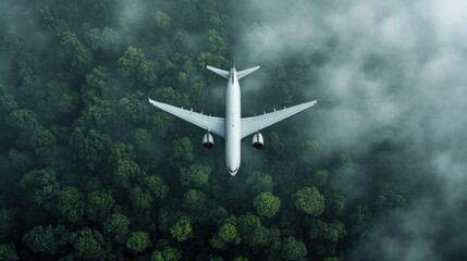 Fototapeta premium Airplane Flying Over a Foggy Forest