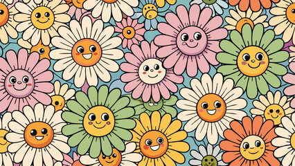 Fototapeta premium Groovy flower cartoon characters. Sticker pack in trendy retro trippy style. Funny happy daisy with eyes and smile. Isolated vector illustration. Hippie 60s, 70s style. AI, EPS, SVG, PNG, JPEG Source