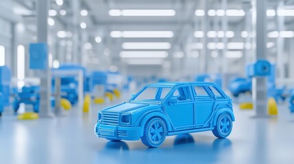 Fototapeta premium A sleek blue model car sits prominently in a modern automated car manufactu plant showcasing advanced technology and efficient production processes.