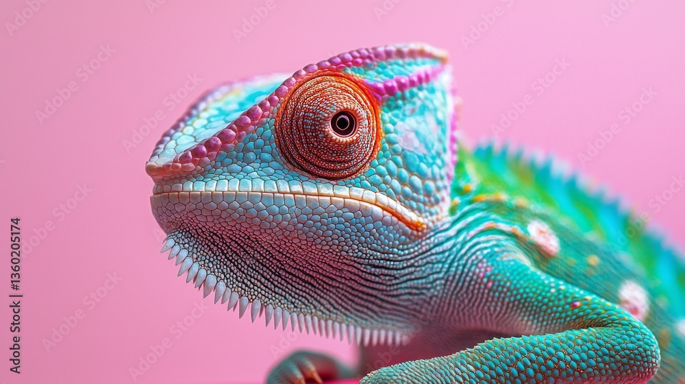 Poster brightly colored chameleon sits gracefully on a branch, showcasing its vivid scales and unique eye. 