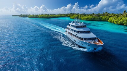 Fototapeta premium A large white boat is sailing on the ocean. The boat is surrounded by trees and the water is blue