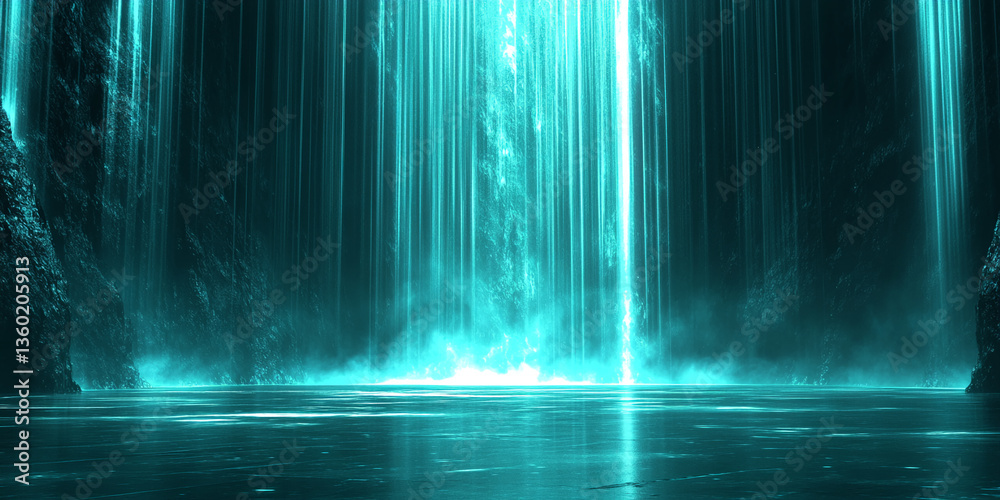 Poster Teal waterfall cascading onto a reflective surface, creating a mystical and serene scene, ideal for fantasy or futuristic concepts, showcasing a blank space for text or product display