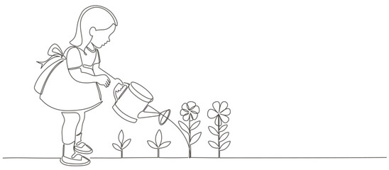 A girls with a watering can waters flowers. Illustration in line art style. Girl takes care of plants