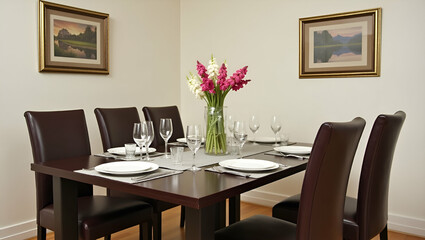 Elegant Home Dining Setup: Flat Dining Table with Picture Frame on Wall - A Cute Vector Illustration Showcasing Stylish Room Decor and Dining Arrangement