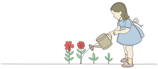 A girls with a watering can waters flowers. Illustration in line art style. Girl takes care of plants