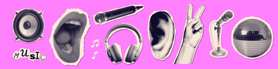 Vintage music collage paper stickers set with audio microphone singing mouth, headphones, mirror ball, ear and hand on neon pink background. Dotted mixed media vector cut-out elements © LanaSham