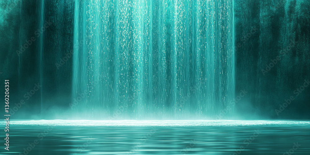 Poster Teal waterfall cascading into calm water, creating a tranquil scene suitable for showcasing products or as a serene background image