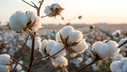 Cotton plants in field at sunset in warm natural light