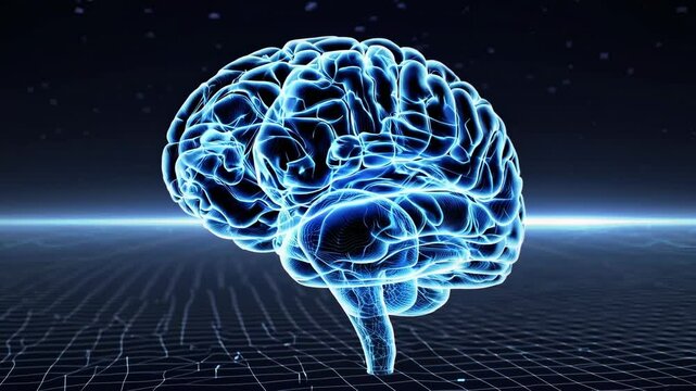 Rotating digital brain model in futuristic blue light on grid surface