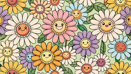 Fototapeta premium Groovy flower cartoon characters. Sticker pack in trendy retro trippy style. Funny happy daisy with eyes and smile. Isolated vector illustration. Hippie 60s, 70s style. AI, EPS, SVG, PNG, JPEG Source