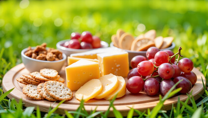 Delicious picnic setup with cheese, grapes, and crackers on grass, outdoor enjoyment