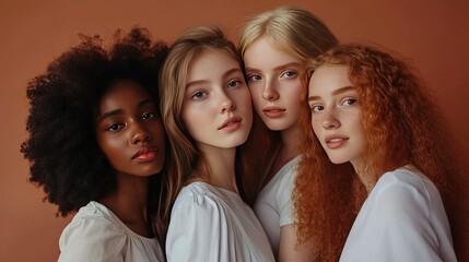Fototapeta premium Model woman group standing in a studio on a brown background and posing for promoting health and equality.
