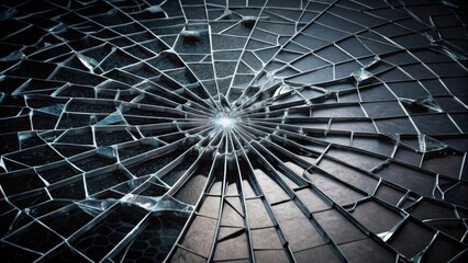 Obraz premium Shattered Glass Surface A Detailed Study of Radial Fractures and Geometric Fragmentation