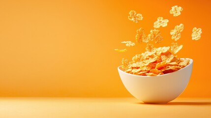 A white bowl overflows with crunchy golden corn flakes levitating against a vibrant orange background creating a delightful breakfast scene perfect for packaging or advertising.