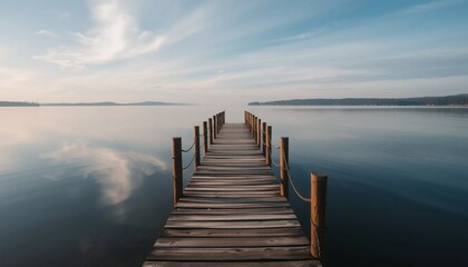 Obraz premium Wooden pier stretches into a calm lake at sunset, where blue sky meets the water's horizon