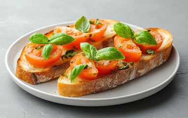 Close-up of Two Slices of Bruschetta with Tomatoes and Basil on a Gray Plate