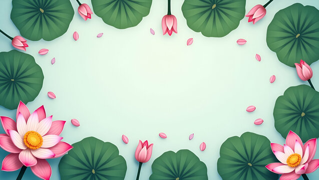 Lotus flower and meditation pose border frame with copy space for World Mental Health Day mindfulness messages concept as Lotus flower paired with meditation pose forming a border with central copy sp - Powered by Adobe