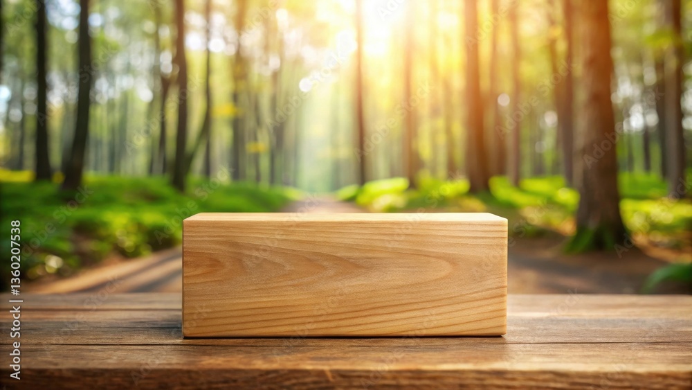 Poster Wooden Block on Rustic Table with Forest Background