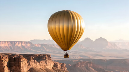 A majestic hot air balloon floats above a vast canyon at sunset. This image would make a wonderful wall decor for an adventure-themed room.