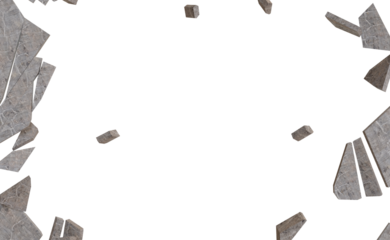 Shattered stone fragments against black background