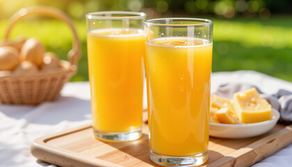 Fresh orange juice in glasses on a picnic table, summer refreshment