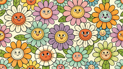 Fototapeta premium Groovy flower cartoon characters. Sticker pack in trendy retro trippy style. Funny happy daisy with eyes and smile. Isolated vector illustration. Hippie 60s, 70s style. AI, EPS, SVG, PNG, JPEG Source