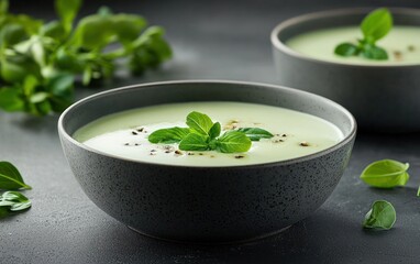 Creamy Green Soup with Mint and Pepper Garnish