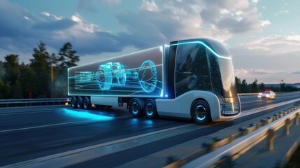 White semi-truck with cargo trailer driving on highway with digital graphics technology. Generated AI