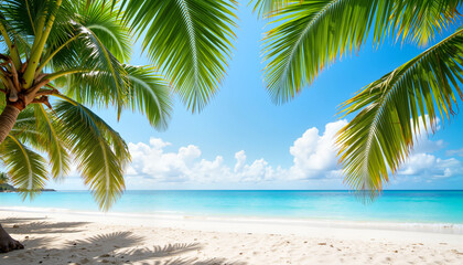 Obraz premium Tropical beach scene with palm trees and clear blue water, paradise escape