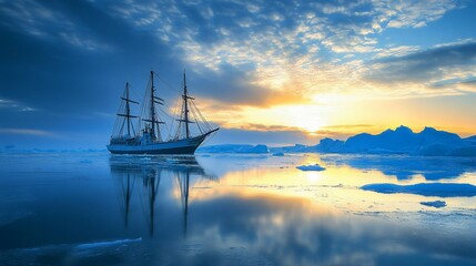 Obraz premium Arctic sunset, sailboat, icebergs, calm sea, travel