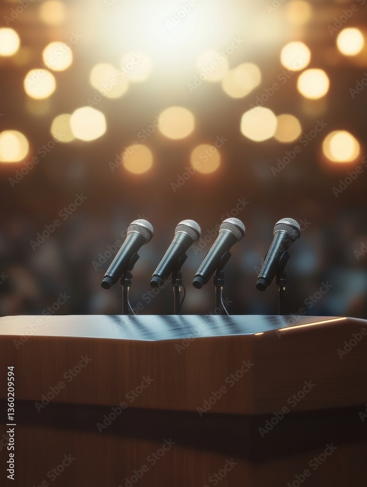 Poster Modern political podium with multiple microphones set for a powerful speech in front of a blurred audience at a professional event Generative AI