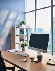 Fototapeta premium Office room with computer, office supplies and coffee cup. Generated image