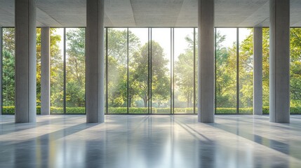 Obraz premium A spacious modern interior with large windows and grey pillars. 