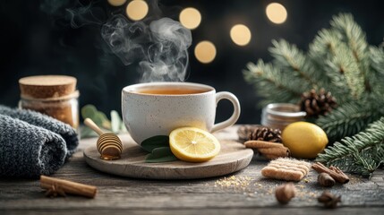 Cozy winter tea with lemon and spices