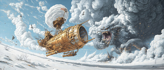 Steampunk airship battles a frost giant. Use this artwork for fantasy game illustrations posters or book covers.