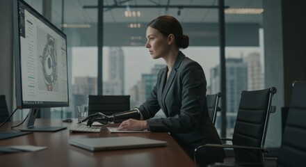 A woman with a robotic arm is working at a desk on a computer