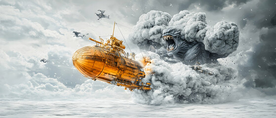 A steampunk airship battles a monstrous cloud creature. The image evokes adventure fantasy and a dynamic conflict suitable for game art.