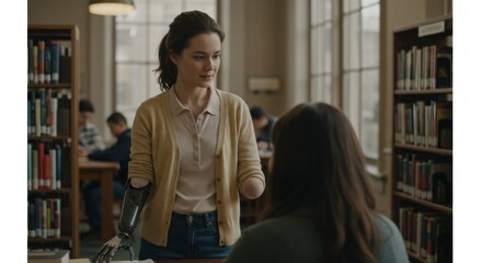 A woman with a prosthetic arm talks to another in a library