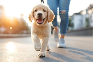 A happy golden retriever puppy being walked outside with joy