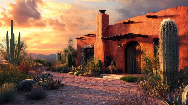 Desert adobe home at dusk bathed in terracotta light under dramatic sky
