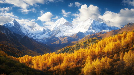 Fototapeta premium lofty mountains mit golden larch forests and snowcapped peaks under the sun