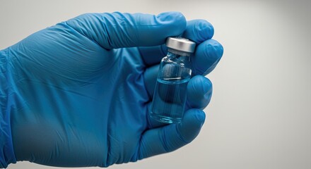 Hand in blue glove holding small vial of blue liquid close up shot, equipment, healthcare, dental, tool, medical, clinic, instrument