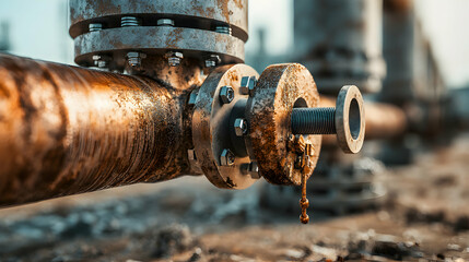 Image showcases a rusty industrial pipe connection with bolts suggesting oil or fluid leak. Ideal for illustrating environmental concerns or industrial processes. 