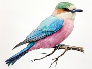 Watercolor Painting of a Pink and Blue Bird on a Twig
