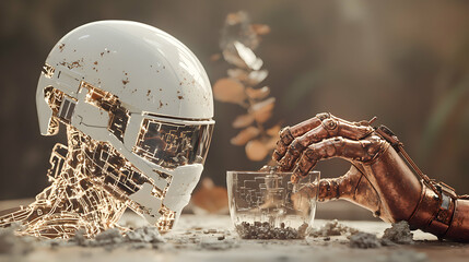 A futuristic robot partakes in a mysterious ritual. The scene evokes themes of technology nature and artificial intelligence. Consider using it for sci-fi book covers.