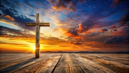 Wooden Cross Silhouette at Sunset Over Distant Hills on a Rustic Deck