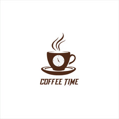 Vector logo coffee cup, coffee time icon, steaming coffee clock, coffee break vector logo on white background, coffee cup icon, cafe emblem, coffee shop logo

