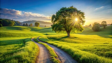 Serene Sunset Over Rolling Green Hills and a Solitary Tree by a Winding Country Road