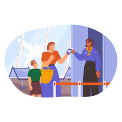 Mother and child at airport ticket control. Vector passengers at document verification terminal. Travel or journey procedure and boarding process at registration desk. Air transport. Inspection.